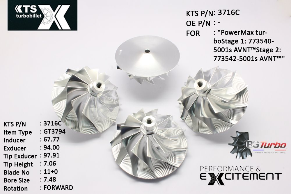 Turbo ROUE FORGÉE MFS PERFORMANCE - 11+0 PALES - INDUCER : 67,77 - EXDUCER : 94 - TYPE : GT3794ANGLE : 45° - ROTATION : Forward - SUPER BACK : 5,55 - BORE SIZE : 7,48
